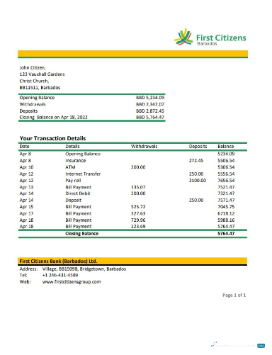 Download Barbados first citizens bank statement excel Photoshop template